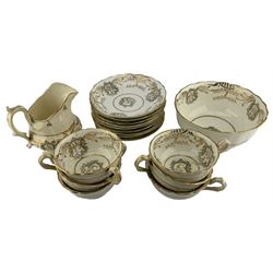 Victorian part tea set with printed and gilt decoration, comprising nine saucers, six teacups, milk jug and slop bowl, patten no. 2072