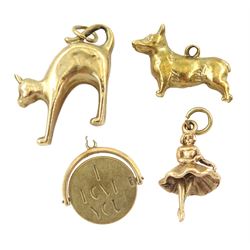 Four 9ct gold charms including corgi, ballerina, cat and 'I Love You', all hallmarked, approx 7.5gm