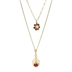 Yellow and pink gold rose pendant necklace and a garnet and pearl pendant necklace, both 9ct