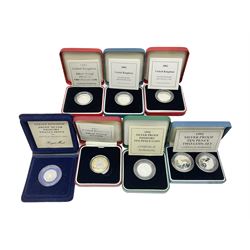 Seven The Royal Mint United Kingdom silver proof coins or sets, comprising 1982 piedfort twenty pence, 1992 ten pence two coin set, 1992 piedfort ten pence, 1997 piedfort one pound, 1997 two pounds, 2002 one pound and 2002 piedfort one pound, all cased with certificates