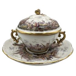 19th century Meissen two-handled ecuelle, cover and stand, the cover, bowl and saucer each painted with a continuous harbour, estuary and landscape scenes, gilt flat-scroll handles, flower bud knop handle and gilt borders, underglaze blue crossed swords mark, saucers D18.5cm