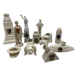 Quantity of WWI crested ware including Cenotaph, submarine, ambulance, kit bag, war memorial, sailor, 'Jack Johnson' shell, mortar, bulldog 'Who said Germans', peaked cap, Scottish soldier and three other pieces by Arcadian China, Shelley, Carlton China, Willow Art and others (14)