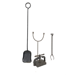 Iron furnace shovel L180cm, iron coal tongs, two branch candle stand and an iron book press