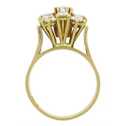 18ct gold nine stone round brilliant cut diamond cluster ring, stamped, total diamond weight approx 1.55 carat