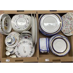 Royal Worcester Aston dinner plates, side plates, oval platter and tea plates, Minton Haddon Hall two-tier cake stand, Coalport Revelry coffee cups and saucers and other tea and dinner wares in two boxes