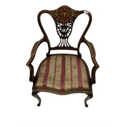 Edwardian mahogany chair with inlayed cresting rail and pierced splat over upholstered seat, raised on cabriole supports  