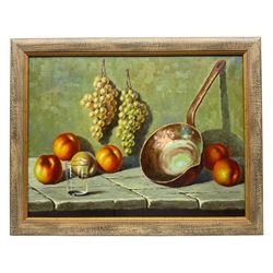 S Aguilo (Continental Mid-20th century): Still Life of Fruit on a Ledge, oil on canvas signed 45cm x 60cm