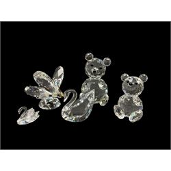 Group of Swarovski Crystal animal figures to include a Butterfly, SCS Swan, another swan and two teddy bears, all with original boxes