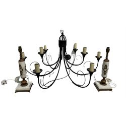 Modern nine light chandelier together with a pair of modern gilt metal mounted table lamps (3)