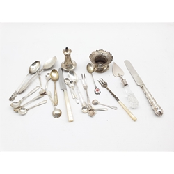 Number of silver condiment spoons, preserve spoon, tea spoons and other small silver items, weighable silver approx 5oz