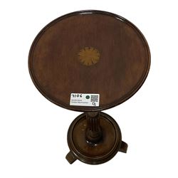 Edwardian mahogany wine table turned and reeded pedestal on circular platform base (W30cm H64cm); Edwardian bamboo plant stand; Early 20th century firescreen with Ypres needlework panel (W61cm H90cm); metal folding spark screen (4)