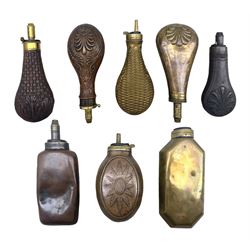 Eight copper and brass powder flasks including two by Sykes Patent, G & J. W. Hawksley, one stamped Made in Italy, and others L20.5cm max (8)