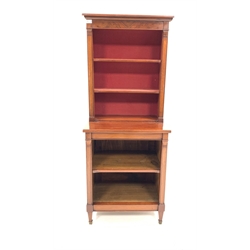  Late 19th century French mahogany open bookcase, with figured frieze above two shelves enclosed by plain pilasters, one shelf under, raised on square tapered supports and peg feet, W59cm, H146cm, D42cm  