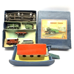 Hornby 'O' gauge clockwork railway set No. 601 Goods Set, boxed and a Tiger Toys wooden Noahs Ark with animals L43cm