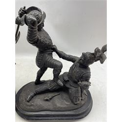 After Auguste Moreau - Large spelter standing figure of a girl holding a sprig of flowers H72cm, another after Carrier of a soldier holding a halberd H60cm and a spelter group of two knights in hand to hand combat H41cm (3)