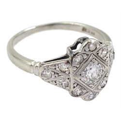 Art Deco white gold milgrain set old cut diamond panel ring, with diamond set shoulders, stamped 18ct