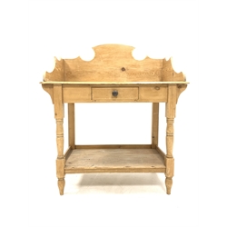 Victorian pine washstand, with raised back over single drawer, raised on turned supports united by under tier, W88cm, H104cm, D50cm