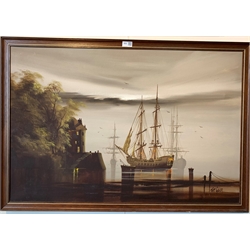 Tom Gower modern oil on canvas of 19th Century war ships, signed, 60cm x 90cm