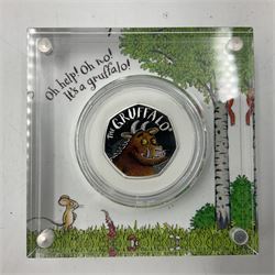 Two The Royal Mint United Kingdom 2019 silver proof fifty pence coins, comprising 'The Gruffalo and Mouse' and 'The Gruffalo', both cased with certificates (2)