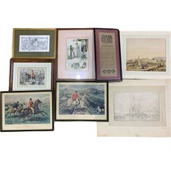 English School (19th century): Middle Eastern Landscape with Figures, watercolour unsigned; After John Leech (British 1817-1864): 'Mr Jorrocks starting for The cut me down Countries' Don't Move There We Shall Clear You' and 'No Consequence', three 19th century engravings together with a sketch of farm animals, a 19t century engraving of 'The Flower Girls and other print max 22cm x 24cm (8)