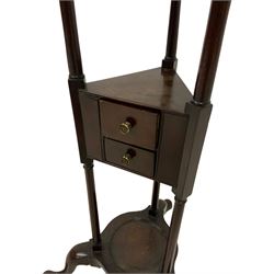 George III mahogany three tier washstand, metal inset bowl over triangular tier fitted with two drawers, the dished base raised on cabriole feet 