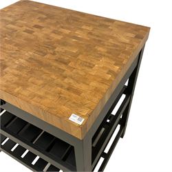 Butcher's block trolley, black finish base fitted with drawer
