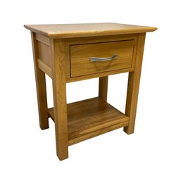 Light oak bedside table with drawer (W50cm, H57cm, D35cm); light oak narrow bookcase (W37cm, H112cm, D21cm); and a small light oak table (40cm x 33cm, H40cm) (3)