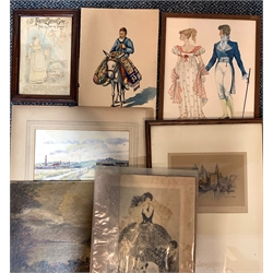 Kazarian watercolour of a Persian carpet seller on a donkey, signed, 29cm x 20cm, unframed, watercolour by M Dixon of two Regency figures and various other pictures and prints 