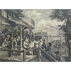 William Hogarth (British 1697-1764): 'Humours of an Election' - 'An Election Entertainment Plate I' 'Canvassing for Votes Plate II' 'The Polling Plate III' and 'Chairing the Members Plate IV', complete set four engravings pub. 1775-1758, 43cm x 56cm (4)