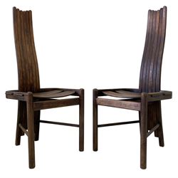 Pair mid to late 20th century oak chairs, high-slat-back with dished plank seats, turned front supports and tapering stretchers to back