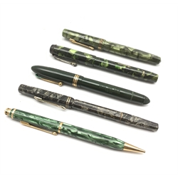 Conaway Stewart 'The Universal Pen' no. 479, Eversharp fountain pen with 14k nib, Eversharp propelling pencil in marbled case, Eversharp fountain pen with 14ct nib in marbled brass inlaid case and a Swan Mabie Todd fountain pen with 14ct nib (5)