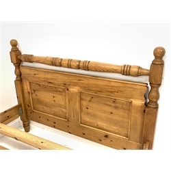 Traditional waxed pine 5' Kingsize bedstead, panelled with turned stretchers and finials, total width - 162cm