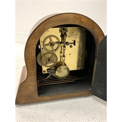 Early 20th century inlaid walnut cased mantel clock, silvered dial with Arabic chapter ring, Westminster chiming movement (W29cm) and a late Victorian aneroid barometer, in carved beech case 