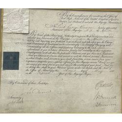 Early 19th century Naval Commission document appointing George Bowen as a Lieutenant on H.M.S. Apollo signed by Admirals Richard Hussey Bickerton, Sir William Domett and Sir Robert Moorsom, dated 1810 with Admiralty seal, framed 28cm x 32cm. 