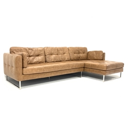 Dwell Furniture - corner sofa upholstered in buttoned tan brown leather on polished metal supports, W286cm, D158cm