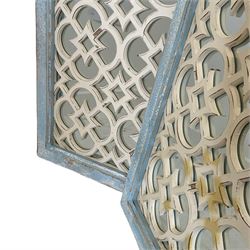 Pair wooden wall mirror, plain glass in square moulded frames and behind geometric fretwork, in distressed white and light blue finish 