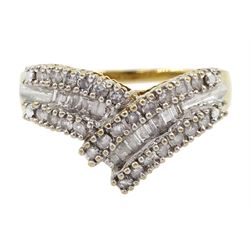 10ct gold baguette and round brilliant cut diamond wishbone ring, stamped