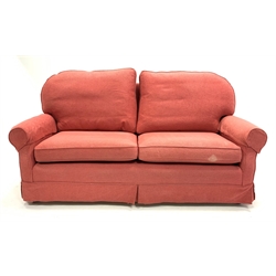  Two seat sofa upholstered in pink loose fabric, W190cm, H85cm, D99cm  