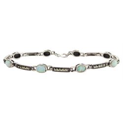 Silver opal and marcasite oval link bracelet, stamped 925 