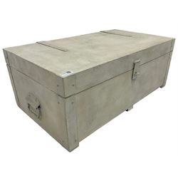 Mid-20th century white and waxed finish tool box or chest, rectangular hinged top with wrought metal fittings and twin handles, interior fitted with two tiers and tool holders