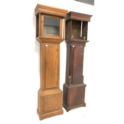  19th century oak and mahogany banded longcase clock case, (H207cm) and a 20th century oak longcase clock case, (H205cm)  