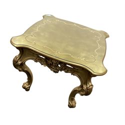 Italian Rococo style gilt square lamp table, shaped top over cartouche and foliate apron raised on scrolling cabriole supports, retailed by Silik Lo Stile Di Classe 