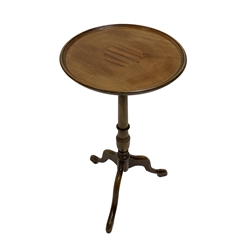 Late 20th century mahogany tripod wine table, circular moulded dished top with inlay, turned column, three out splayed supports, D38cm, H72cm
