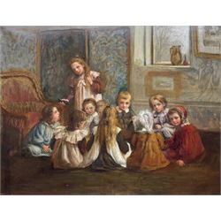 Eleanor Barton (British fl.1898-1906): Victorian Children Sitting in the Drawing Room, oil on canvas signed 70cm x 91cm 