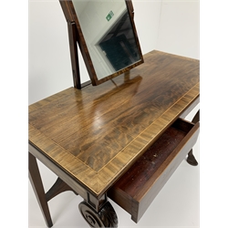Early 19th century mahogany dressing table, rectangular cross banded top with lift up swing mirror back, the frieze fitted with two drawers with boxwood stringing, on two acanthus and scroll carved cabriole supports with carved hairy hoof feet, W112cm, H81cm, D51cm