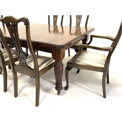 Edwardian walnut extending dining table, top with canted corners, raised on ring turned and reeded supports terminating in ceramic castors with brass fittings, with two additional leaves (144cm x 120cm, H75cm un-extended) together with a set of six (4+2) 19th century style stained ash dining chairs, with serpentine cresting rail over fluted uprights and pierced splat, drop in upholstered seat pads, cabriole front supports, (W56cm)