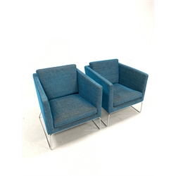 Sits -  Contemporary pair of box form armchairs with loose cushions, upholstered in blue linen and raised on chrome supports, W72cm