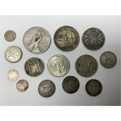 Great British and World coins, including Queen Victoria 1884 halfcrown, United States of America 1922 peace dollar, two 1964 Kennedy half dollars, Queen Elizabeth II Canada 1958 one dollar etc
