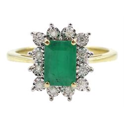 9ct gold emerald and round brilliant cut diamond cluster ring, stamped 375, emerald approx 1.00 carat