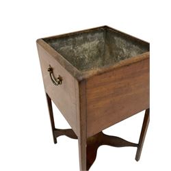 George III mahogany planter or cellarette, square form with metal lining, fitted with brass handles, on square supports joined by shaped undertier 